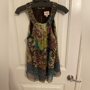 BOHO SLEEVELESS Beige by ECI choker fairy beaded, flowing blouse women’s L‎